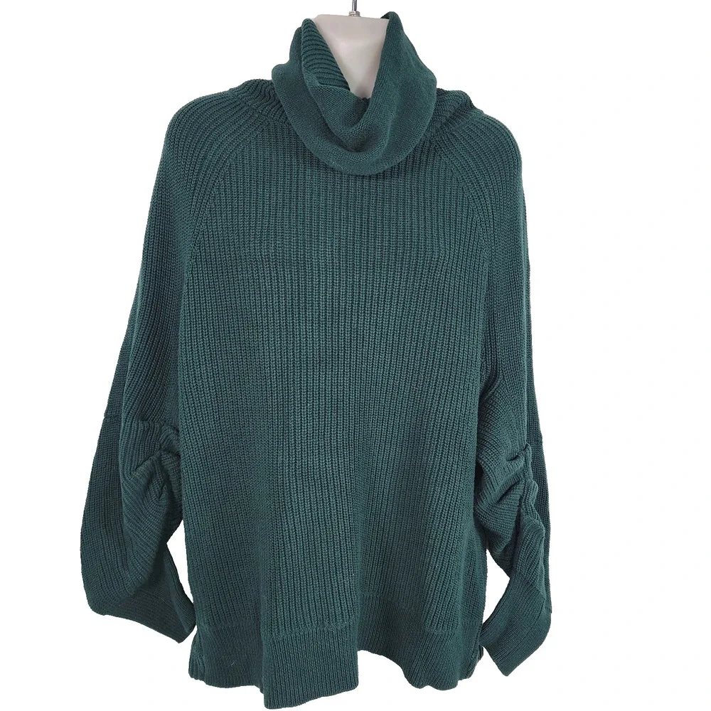 Cabi Women Pullover Sweater Small Green Knit Ruched Sleeve Cowl Neck Cotton 3532